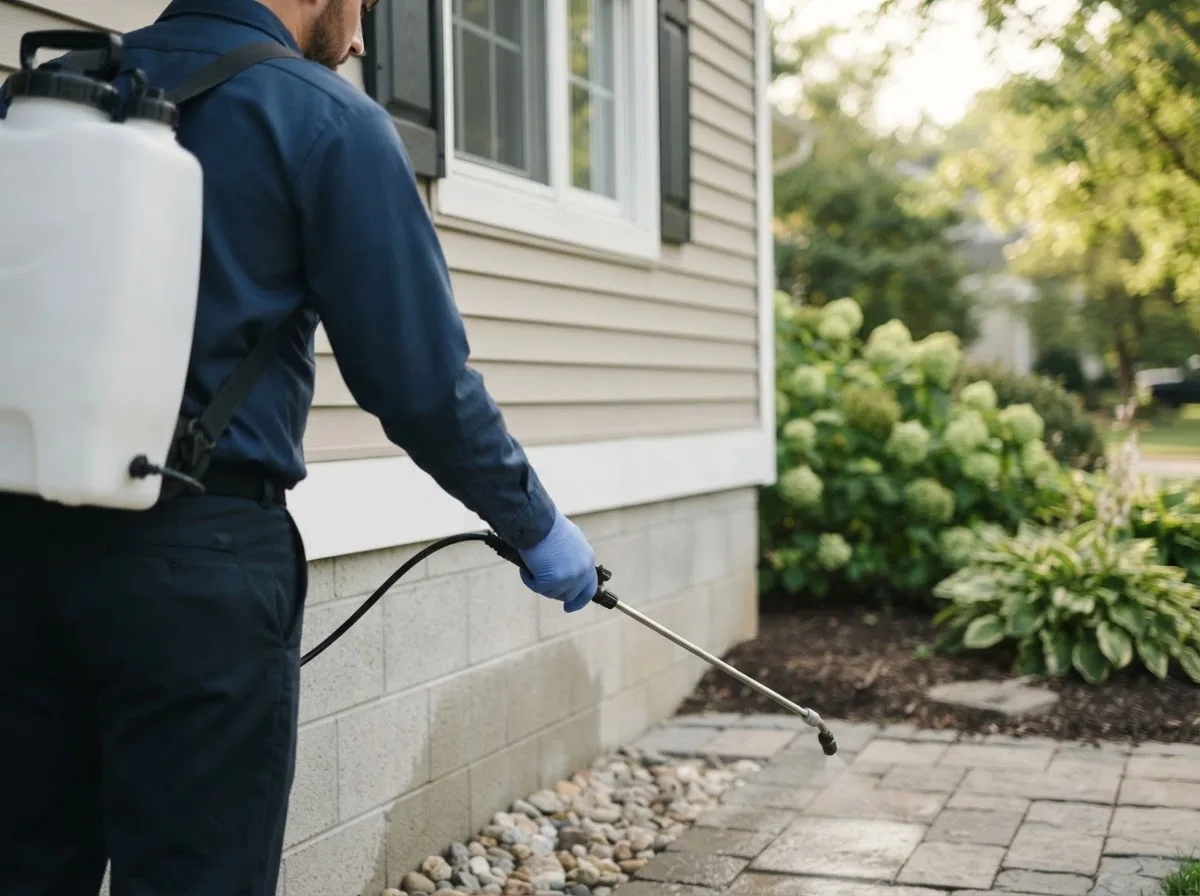 Pest control technician inspecting a home in Shelbyville, MO